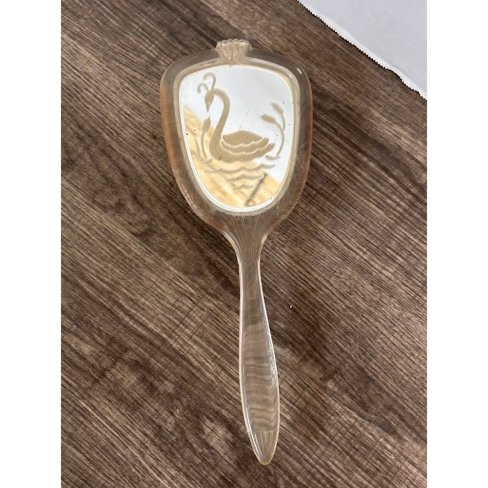 Vintage Lucite Hair Brush Etched Swan Design Clear Plastic Made in USA 10.5 Inch